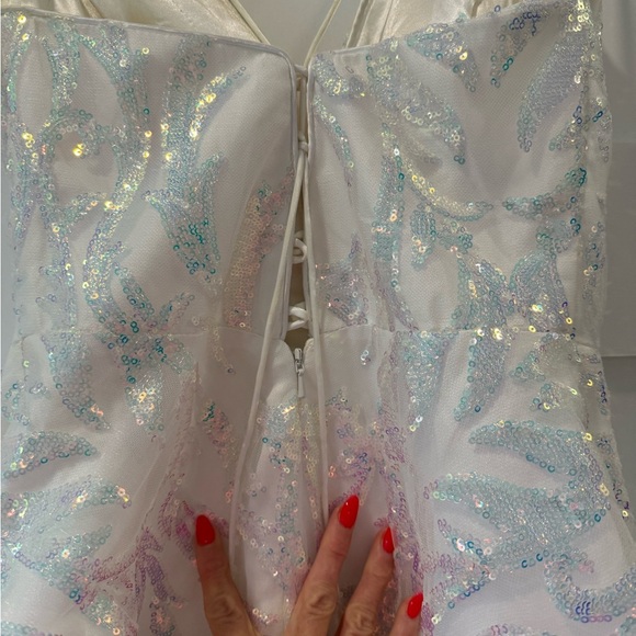 White Fit and Flare Mini Dress with Plunge Neckline. - Picture 6 of 6